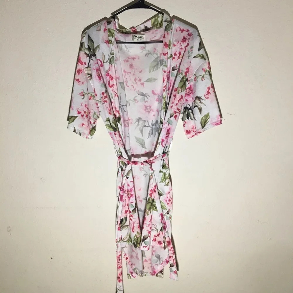 Womens Show Me Your Mumu Floral Robe Pink White Tie One Size Sleepwear